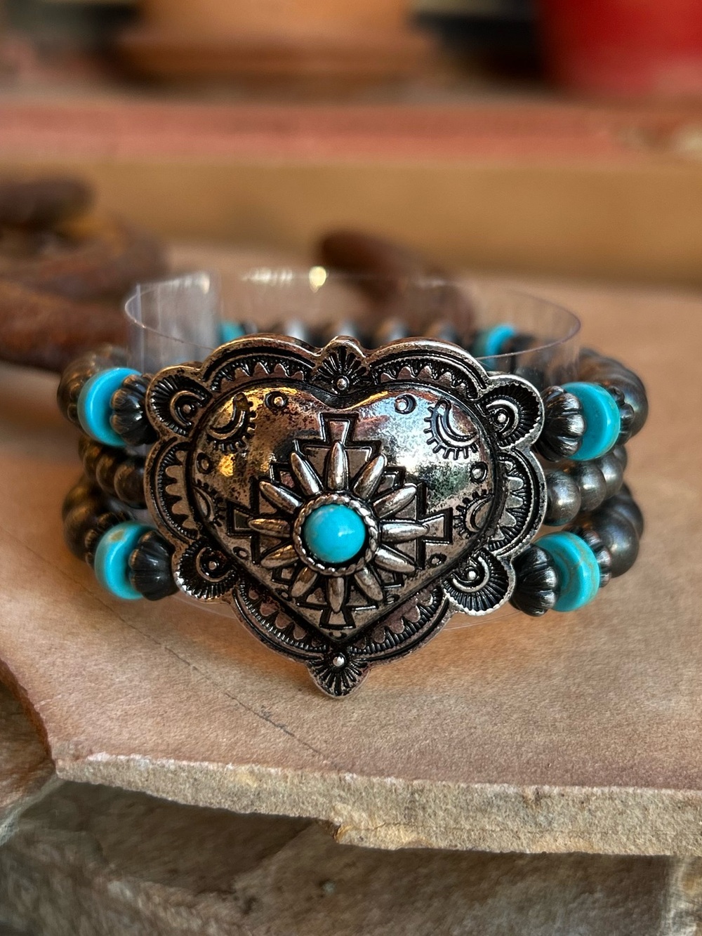 Turquoise Accent Silver-Tone Heart Concho Stretch Bracelet - Jewelry NWT